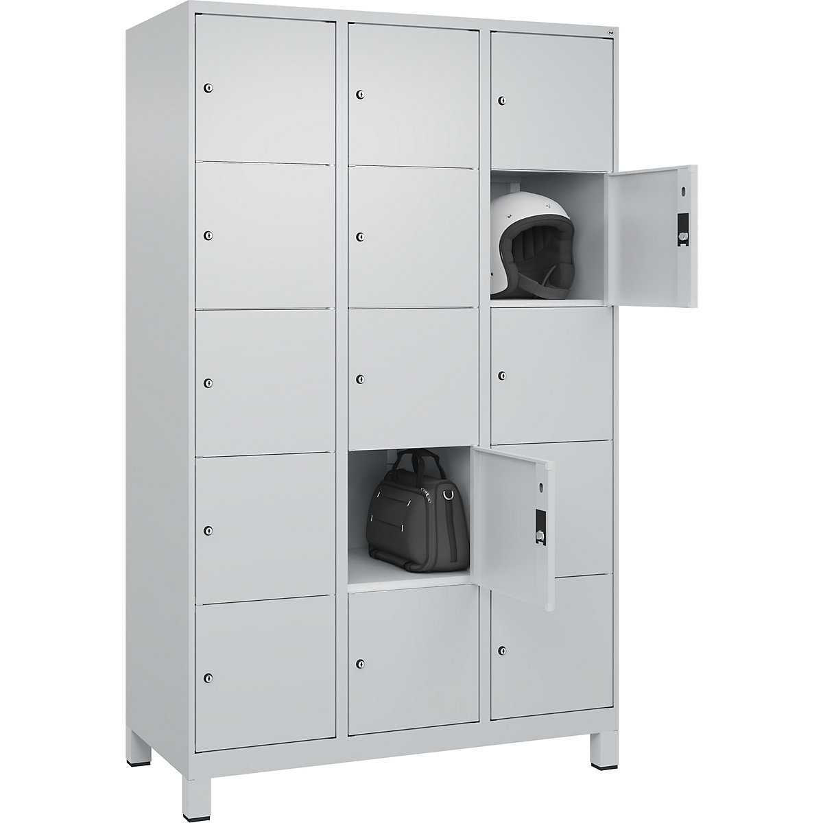Dulap cu 5 compartimente cu încuietoare Classic PLUS – C+P, 3 module, gri deschis, lăț. 1200 mm, 15 compartimente, cu picioare-0