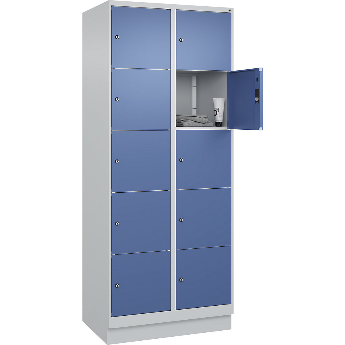 Dulap cu 5 compartimente cu încuietoare Classic PLUS – C+P, 2 module, gri deschis / albastru distant, lăț. 800 mm, 10 compartimente, cu soclu-0