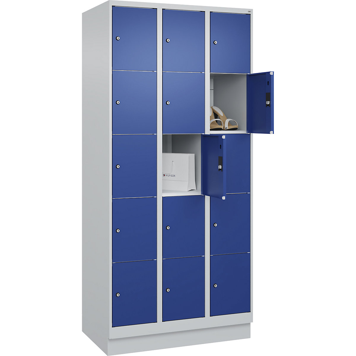 Dulap cu 5 compartimente cu încuietoare Classic PLUS – C+P, 3 module, gri deschis / albastru gențiană, lăț. 900 mm, 15 compartimente, cu soclu-0