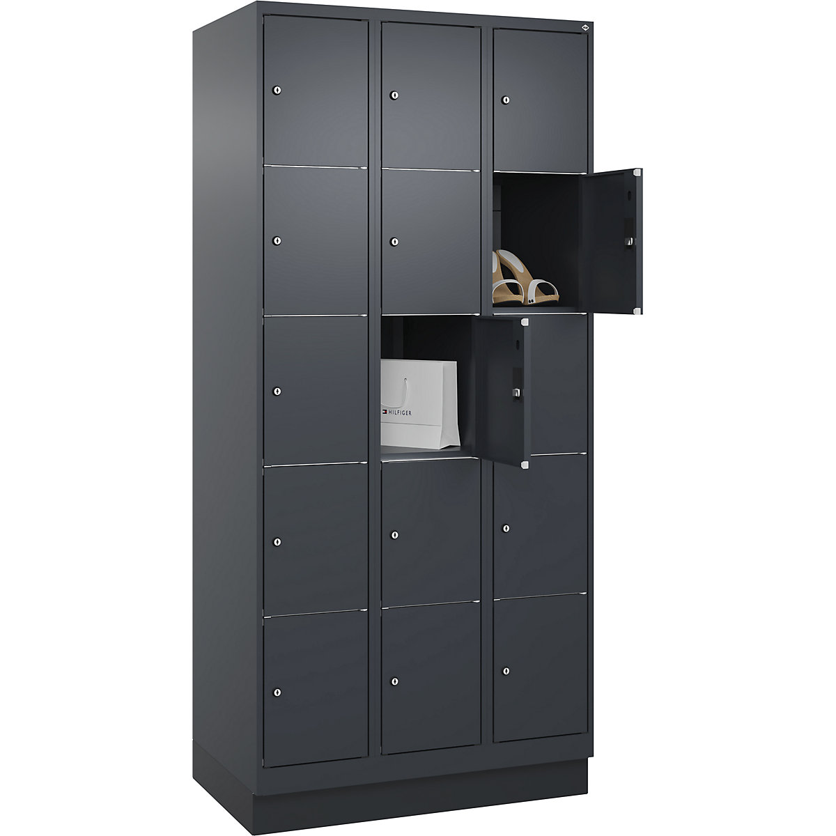 Dulap cu 5 compartimente cu încuietoare Classic PLUS – C+P, 3 module, gri, lăț. 900 mm, 15 compartimente, cu soclu-0