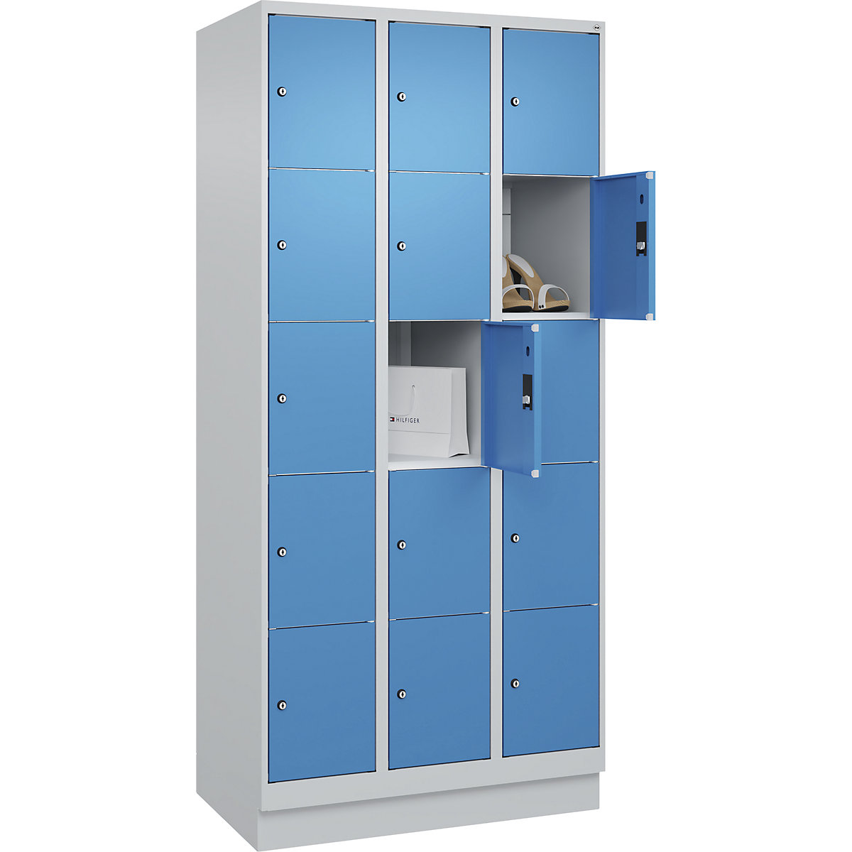 Dulap cu 5 compartimente cu încuietoare Classic PLUS – C+P, 3 module, gri deschis / albastru deschis, lăț. 900 mm, 15 compartimente, cu soclu-0