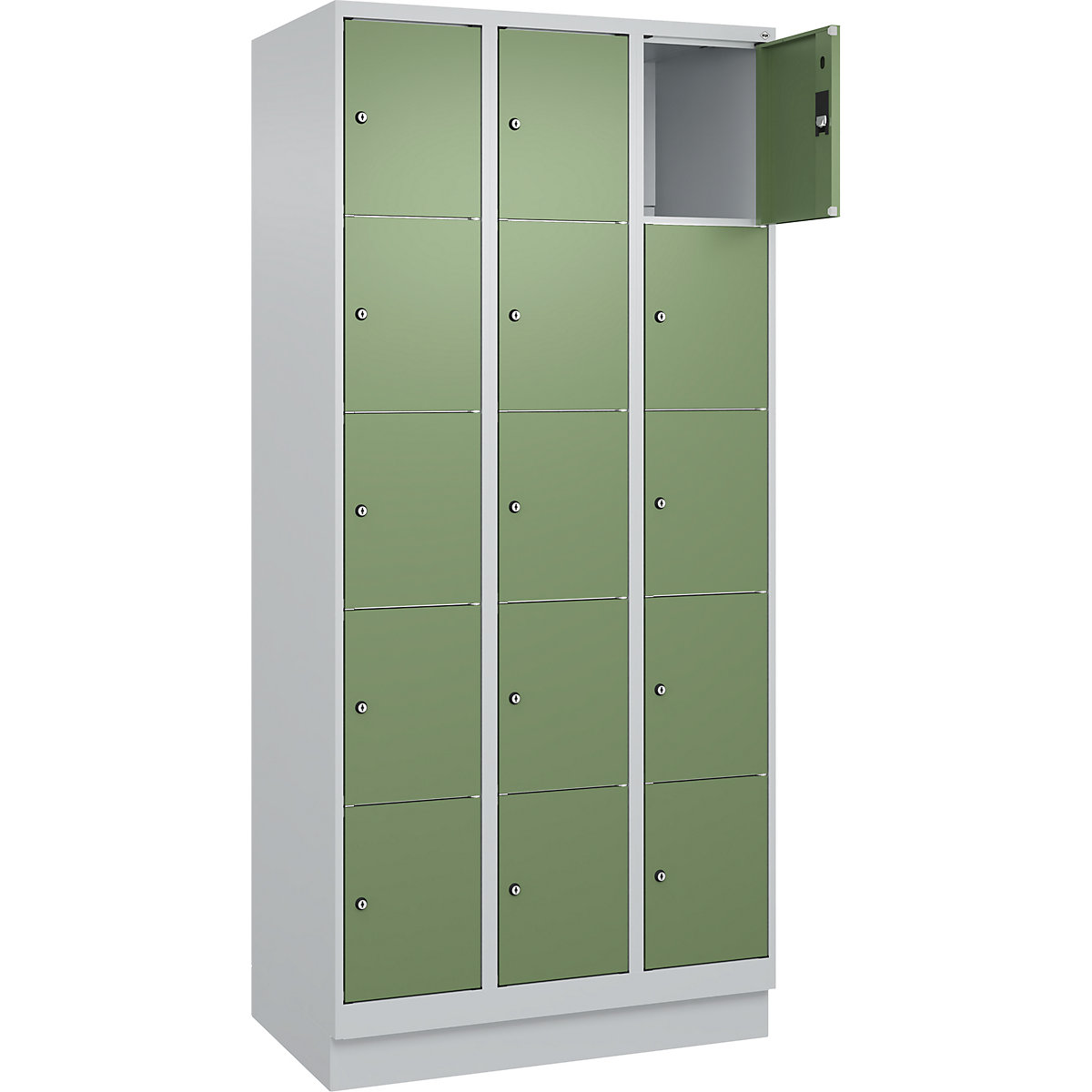 Dulap cu 5 compartimente cu încuietoare Classic PLUS – C+P, 3 module, gri deschis / verde reseda, lăț. 900 mm, 15 compartimente, cu soclu-0