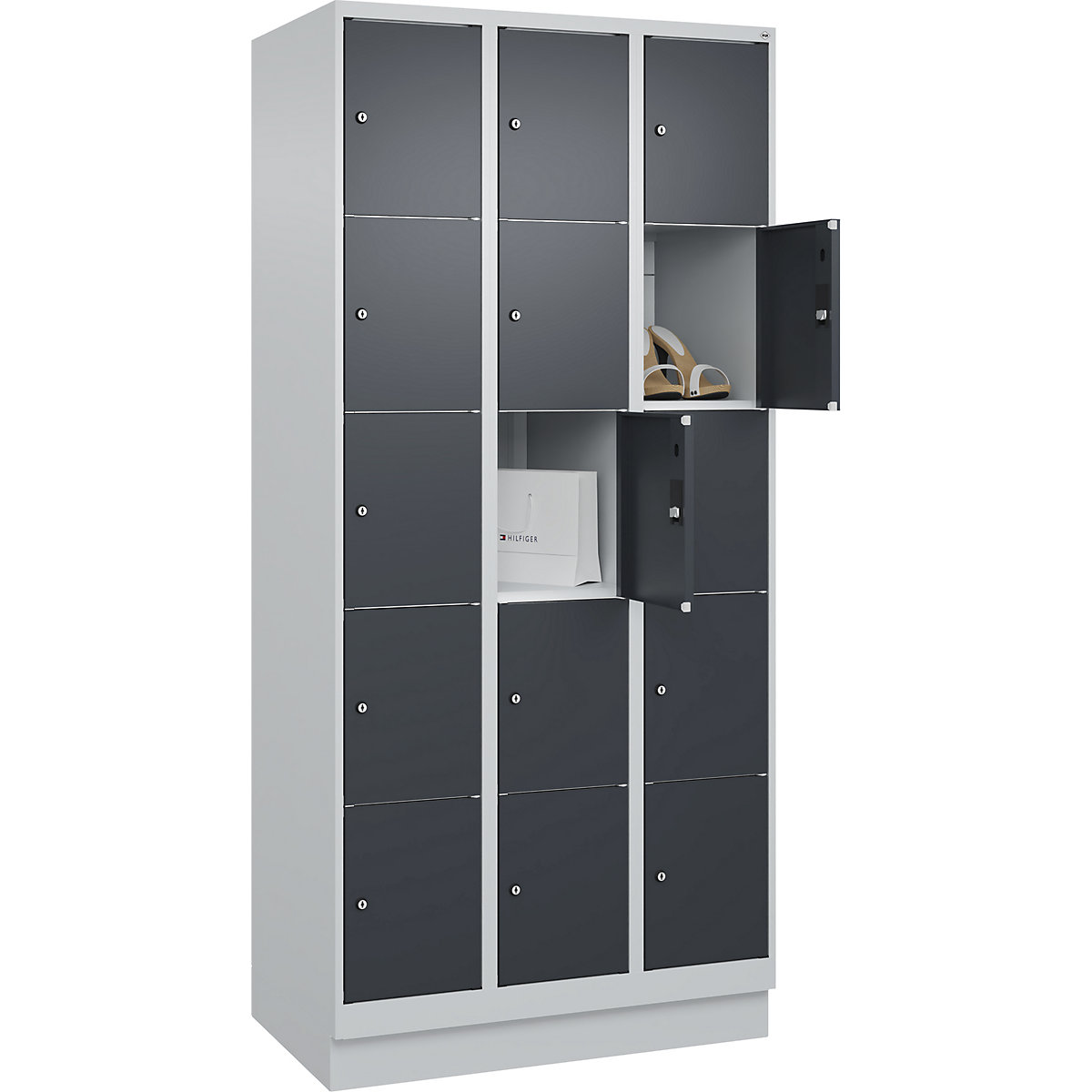 Dulap cu 5 compartimente cu încuietoare Classic PLUS – C+P, 3 module, gri deschis / gri, lăț. 900 mm, 15 compartimente, cu soclu-0