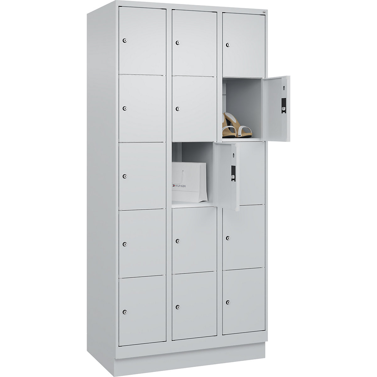 Dulap cu 5 compartimente cu încuietoare Classic PLUS – C+P, 3 module, gri deschis, lăț. 900 mm, 15 compartimente, cu soclu-0
