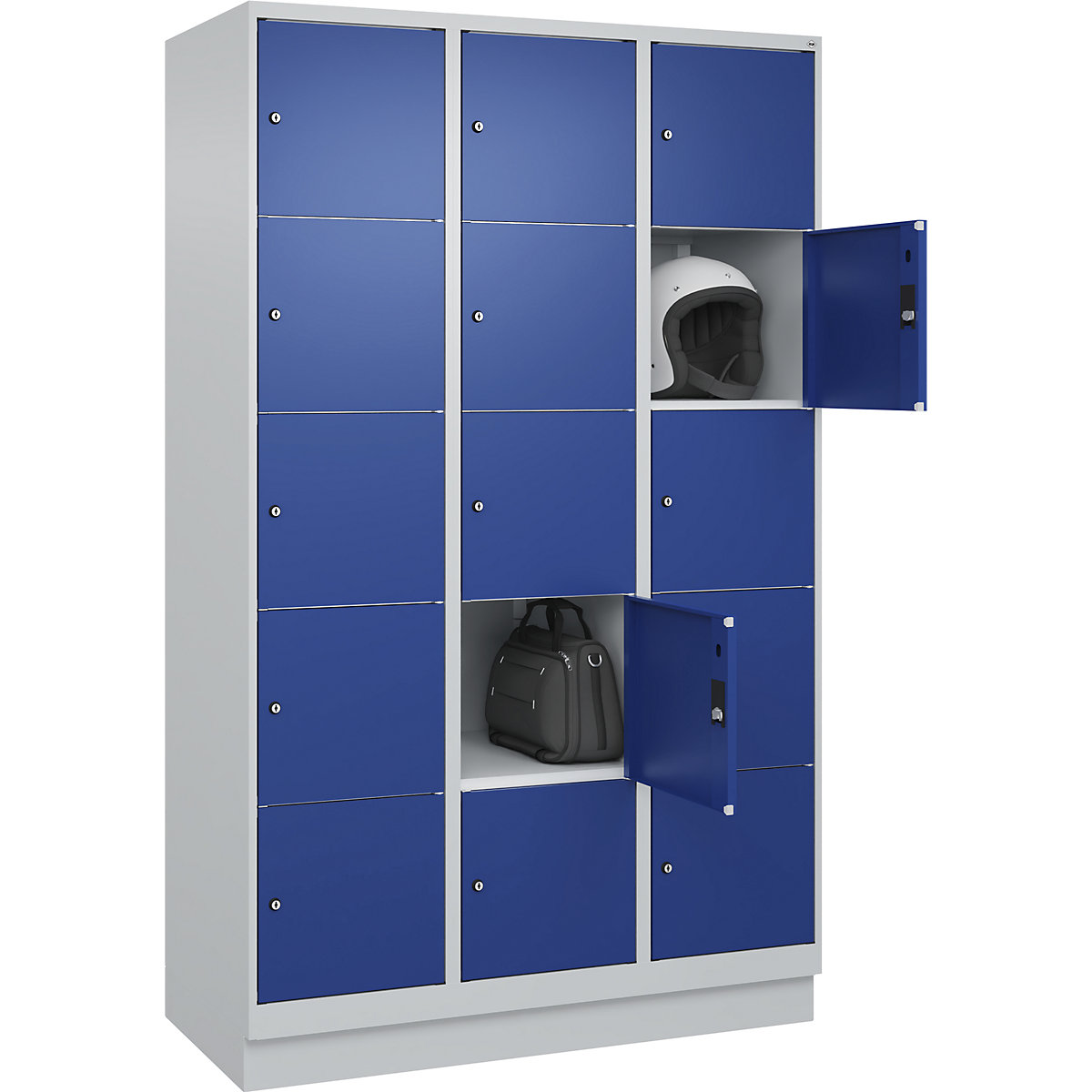 Dulap cu 5 compartimente cu încuietoare Classic PLUS – C+P, 3 module, gri deschis / albastru gențiană, lăț. 1200 mm, 15 compartimente, cu soclu-0