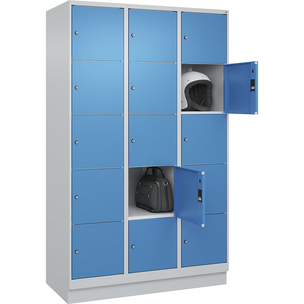 Dulap cu 5 compartimente cu încuietoare Classic PLUS – C+P, 3 module, gri deschis / albastru deschis, lăț. 1200 mm, 15 compartimente, cu soclu-0