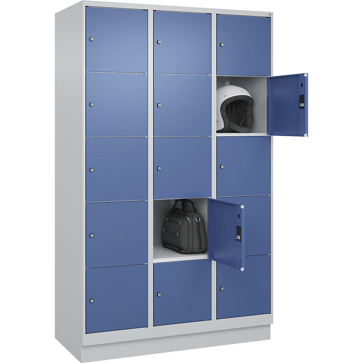 Dulap cu 5 compartimente cu încuietoare Classic PLUS – C+P, 3 module, gri deschis / albastru distant, lăț. 1200 mm, 15 compartimente, cu soclu-0