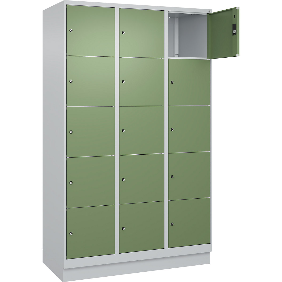 Dulap cu 5 compartimente cu încuietoare Classic PLUS – C+P, 3 module, gri deschis / verde reseda, lăț. 1200 mm, 15 compartimente, cu soclu-0