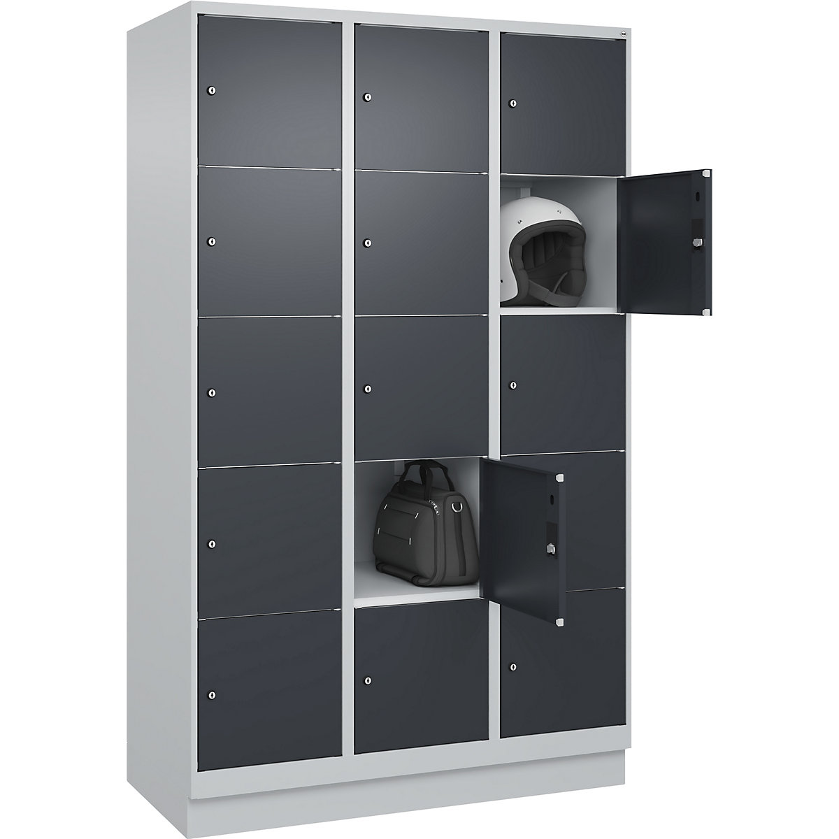 Dulap cu 5 compartimente cu încuietoare Classic PLUS – C+P, 3 module, gri deschis / gri, lăț. 1200 mm, 15 compartimente, cu soclu-0