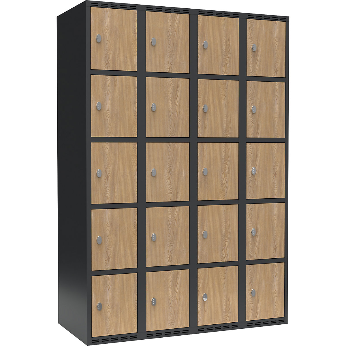 Dulap cu 5 compartimente cu încuietoare Fydor, 4 module, gri / stejar, lăț. 1200 mm, 4 module, acoperiș cu formă plată, lacăt-0