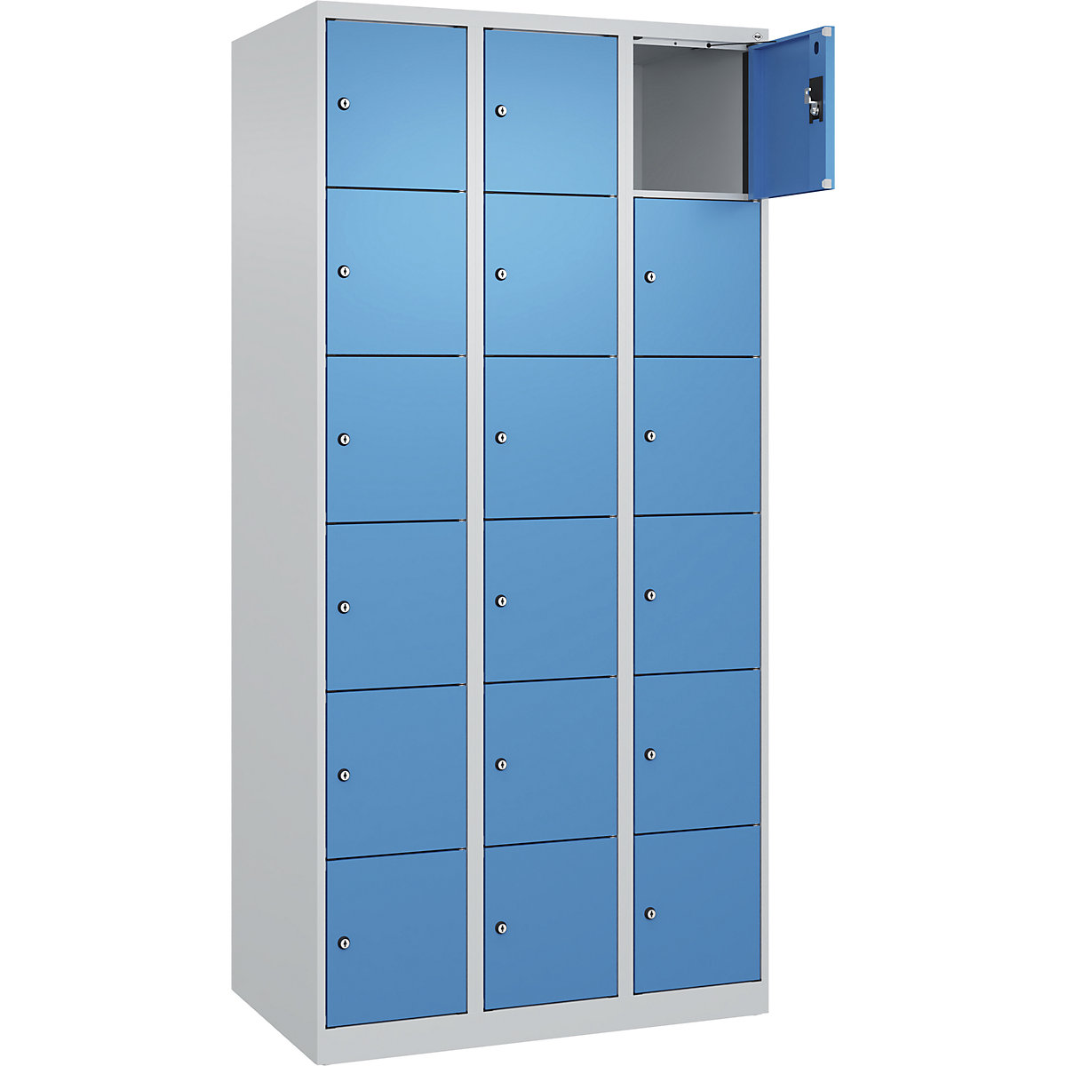 Dulap cu 6 compartimente cu încuietoare Evolo PLUS, 3 module, gri deschis / albastru deschis, lăț. 900 mm, 18 compartimente, cu glisoare pentru podea, încuietoare cilindrică-0