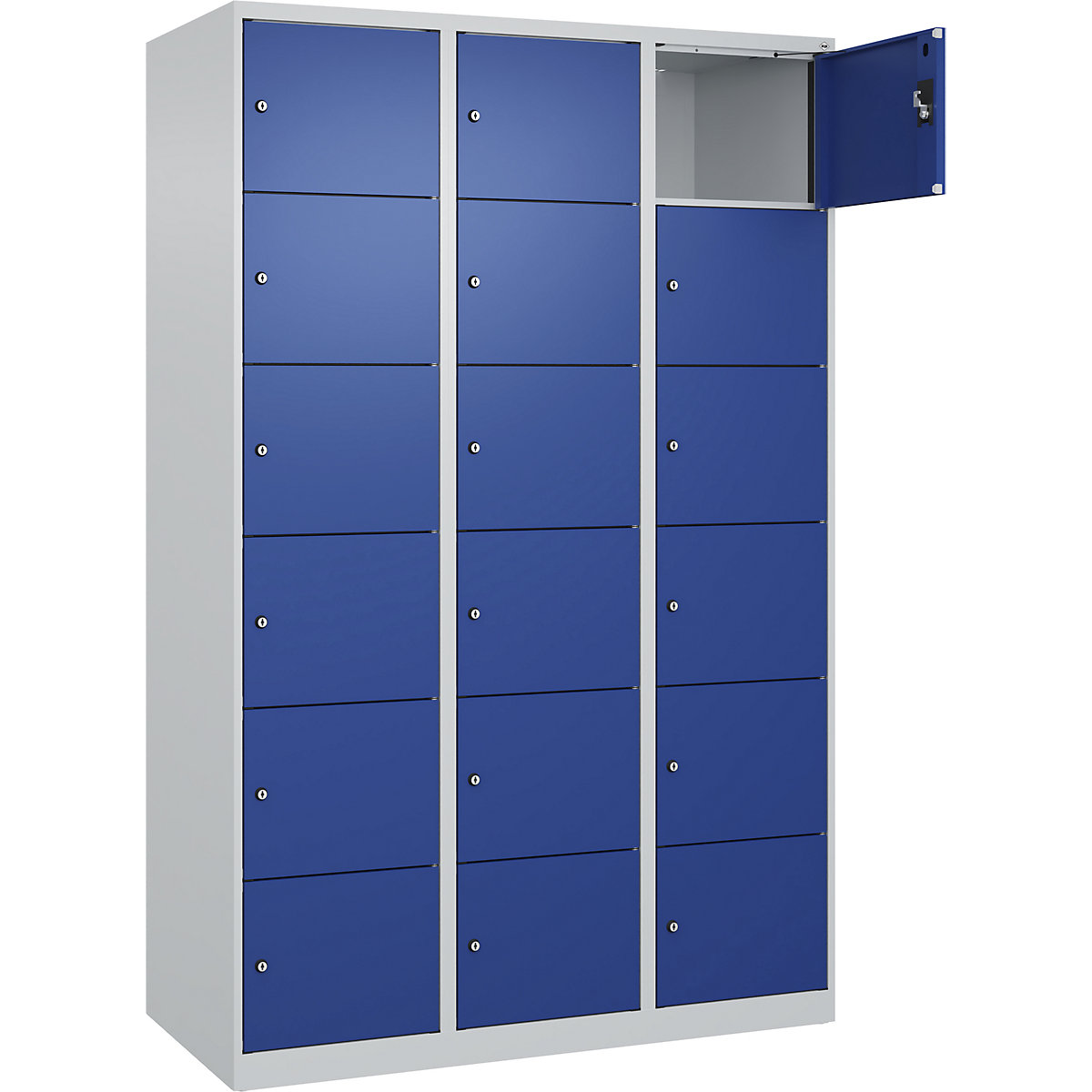 Dulap cu 6 compartimente cu încuietoare Evolo PLUS, 3 module, gri deschis / albastru gențiană, lăț. 1200 mm, 18 compartimente, cu glisoare pentru podea, încuietoare cilindrică-0