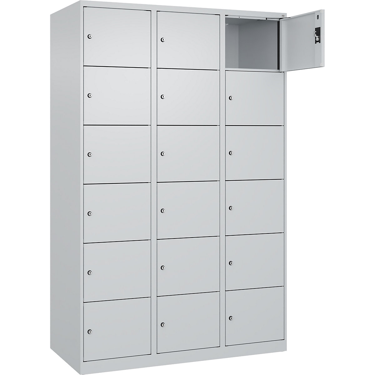 Dulap cu 6 compartimente cu încuietoare Evolo PLUS, 3 module, gri deschis, lăț. 1200 mm, 18 compartimente, cu glisoare pentru podea, încuietoare cilindrică-0