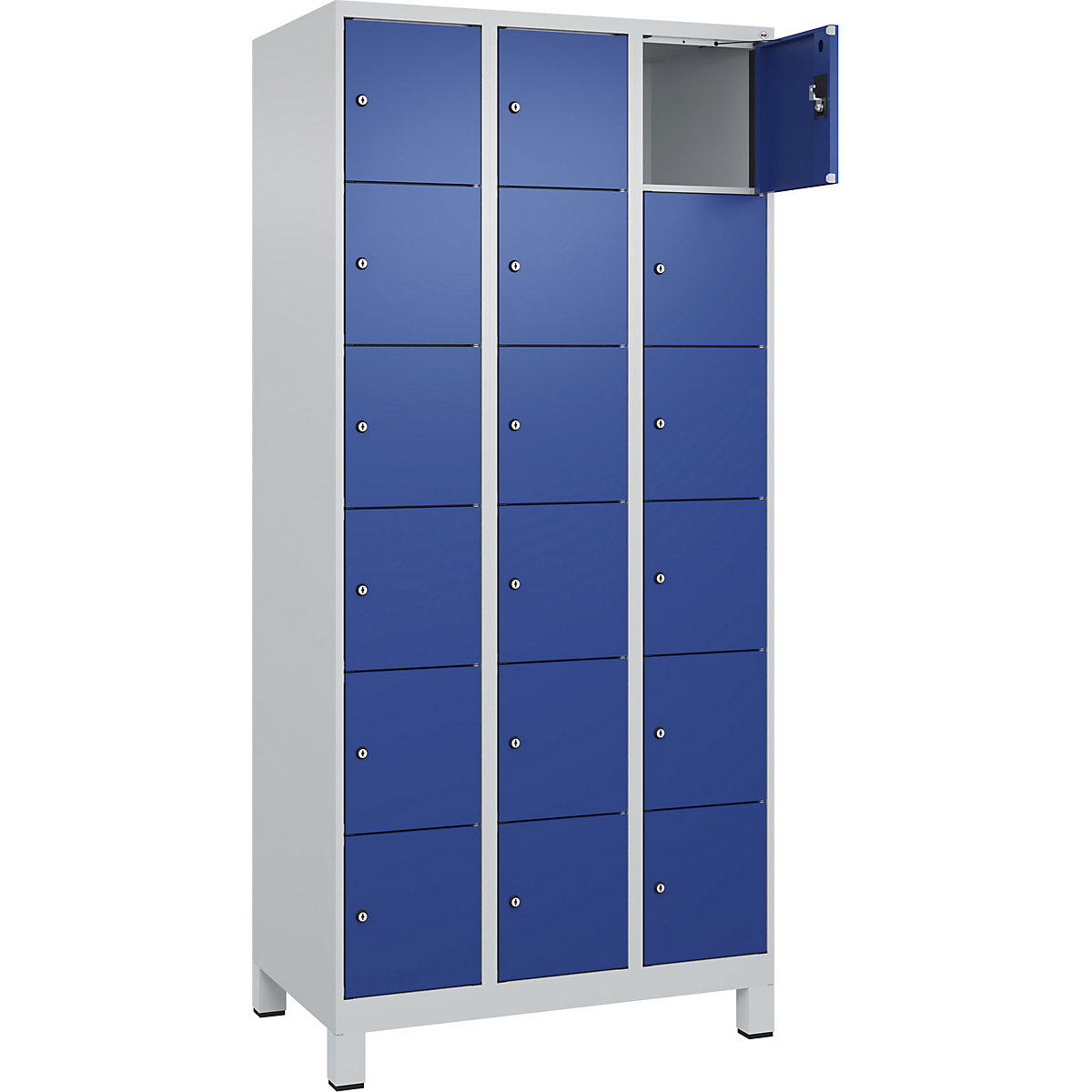 Dulap cu 6 compartimente cu încuietoare Evolo PLUS, 3 module, gri deschis / albastru gențiană, lăț. 900 mm, 18 compartimente, cu picioare late, încuietoare cilindrică-0