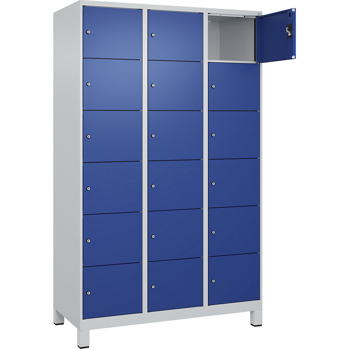 Dulap cu 6 compartimente cu încuietoare Evolo PLUS, 3 module, gri deschis / albastru gențiană, lăț. 1200 mm, 18 compartimente, cu picioare late, încuietoare cilindrică-0