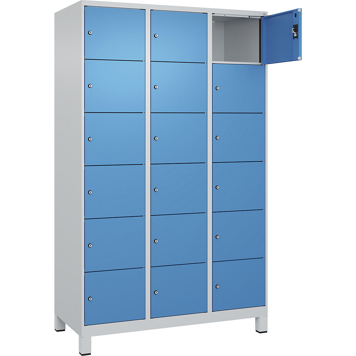 Dulap cu 6 compartimente cu încuietoare Evolo PLUS, 3 module, gri deschis / albastru deschis, lăț. 1200 mm, 18 compartimente, cu picioare late, încuietoare cilindrică-0
