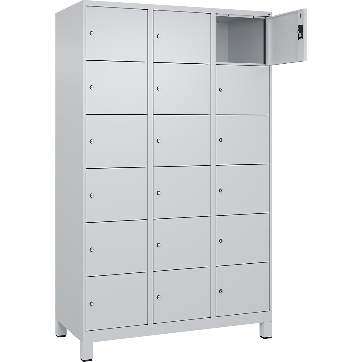 Dulap cu 6 compartimente cu încuietoare Evolo PLUS, 3 module, gri deschis, lăț. 1200 mm, 18 compartimente, cu picioare late, încuietoare cilindrică-0