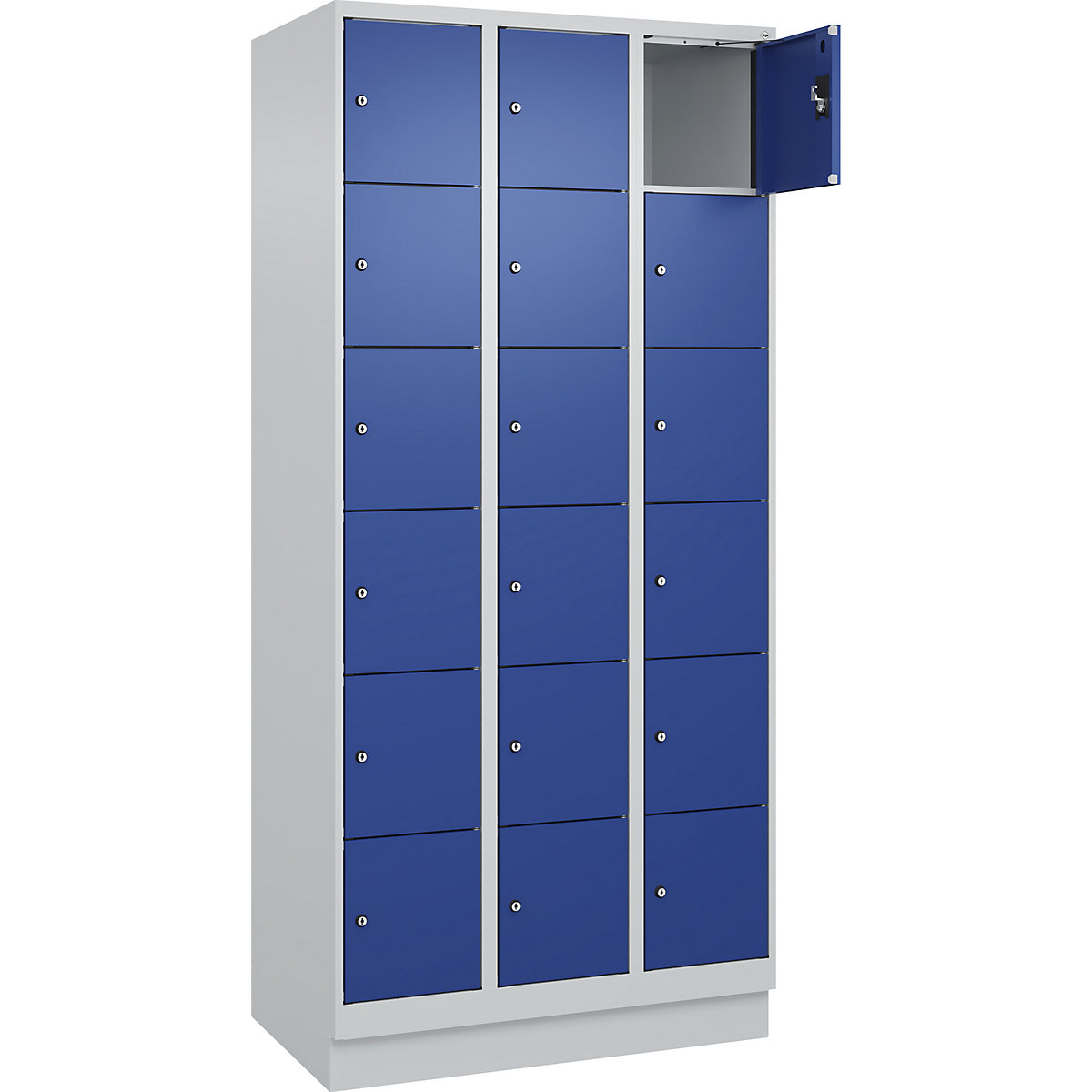 Dulap cu 6 compartimente cu încuietoare Evolo PLUS, 3 module, gri deschis / albastru gențiană, lăț. 900 mm, 18 compartimente, cu soclu, încuietoare cilindrică-0