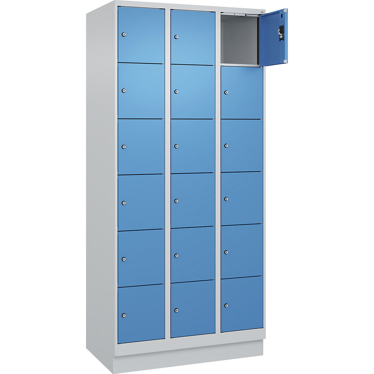 Dulap cu 6 compartimente cu încuietoare Evolo PLUS, 3 module, gri deschis / albastru deschis, lăț. 900 mm, 18 compartimente, cu soclu, încuietoare cilindrică-0