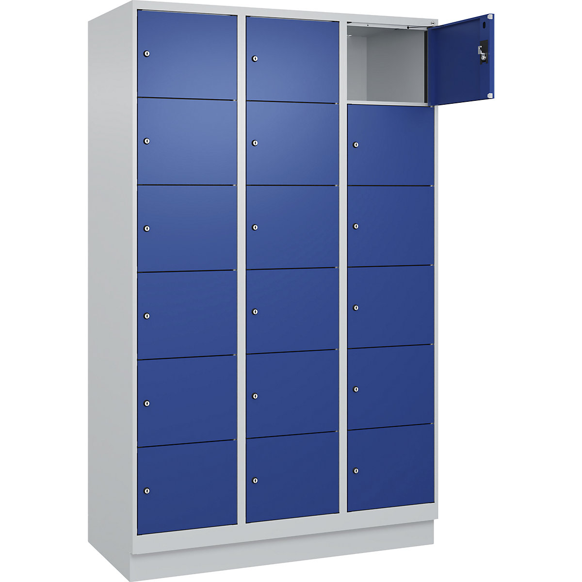 Dulap cu 6 compartimente cu încuietoare Evolo PLUS, 3 module, gri deschis / albastru gențiană, lăț. 1200 mm, 18 compartimente, cu soclu, încuietoare cilindrică-0