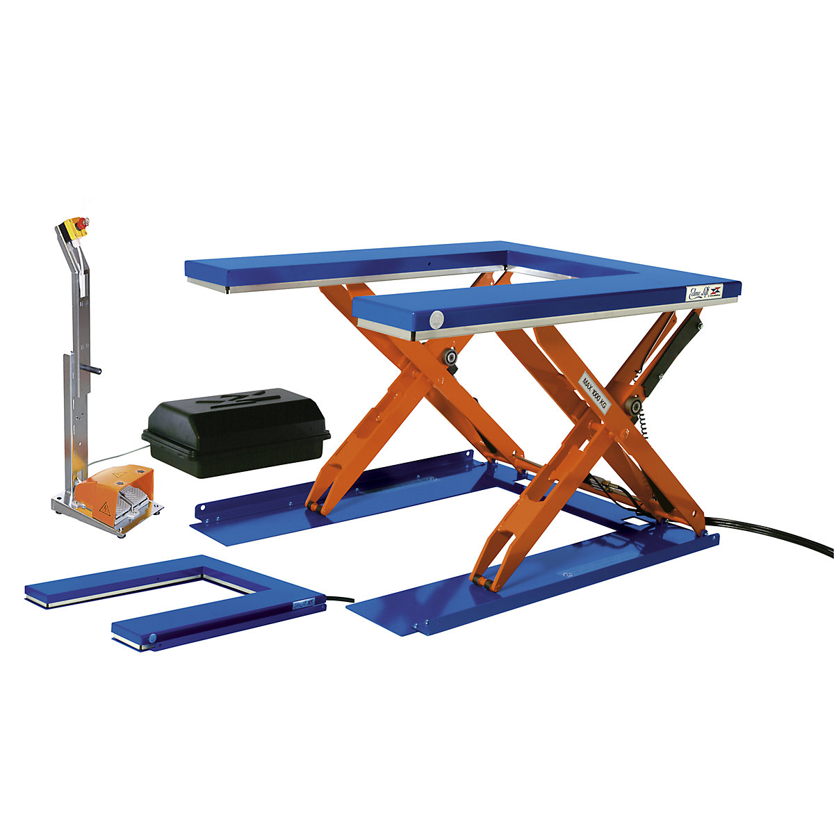 Mesa de elevação de forma plana – Edmolift, CxL 1450 x 1085 mm, distância de elevação 800 mm, plataforma em U, 400 V, elemento de comando de pé-0