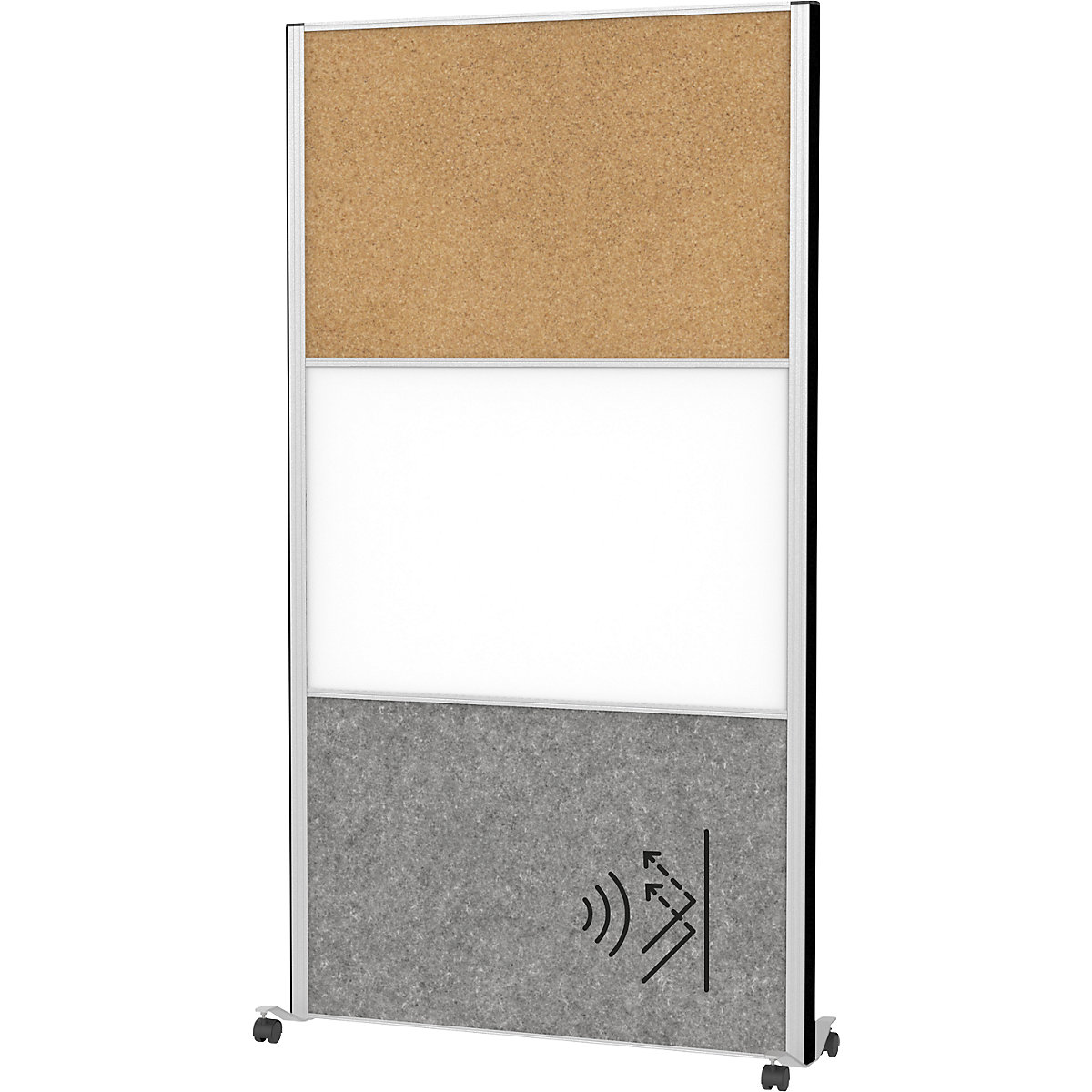 Sistema de biombos MAULconnecto – MAUL, 1 acústico, 1 cortiça, 1 quadro branco, branco/castanho/cinzento escuro, rodas-0