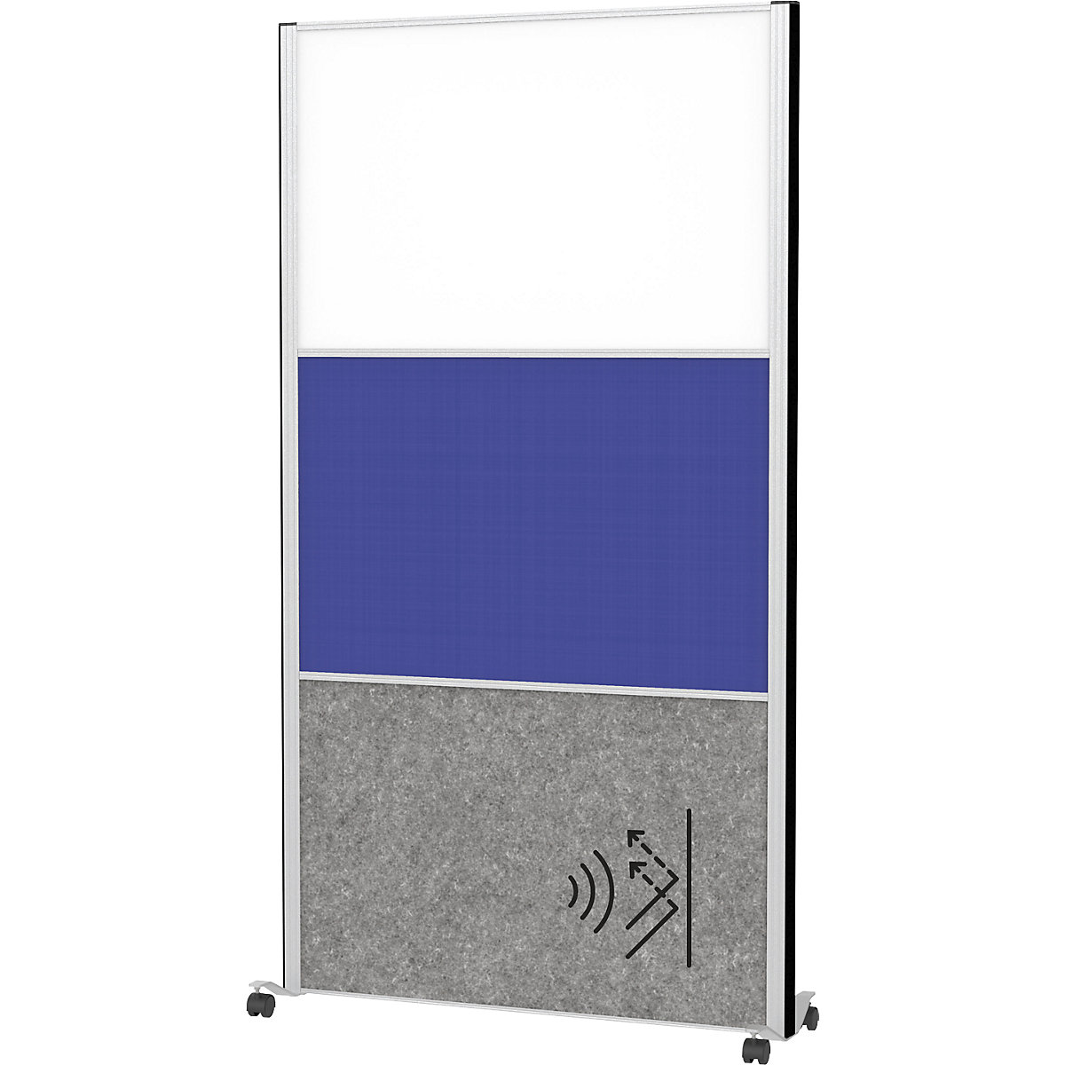 Sistema de biombos MAULconnecto – MAUL, 1 acústico, 1 têxtil, 1 quadro branco, branco/azul/cinzento escuro, rodas-0
