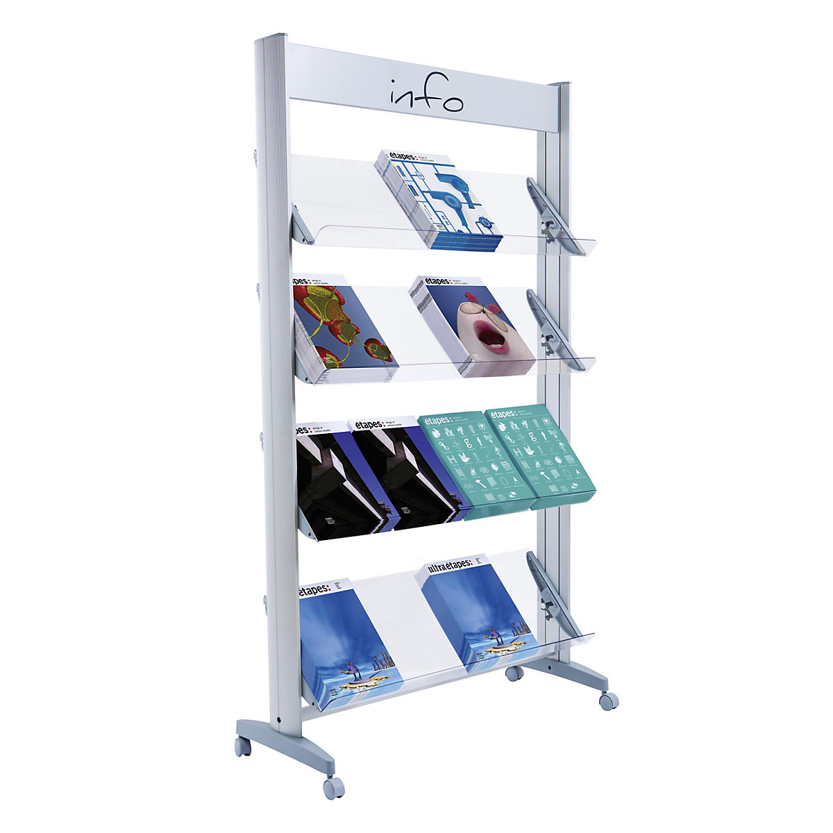Expositor de prospetos móvel em metal – Paperflow, com prateleiras em vidro acrílico, largura 940 mm-0