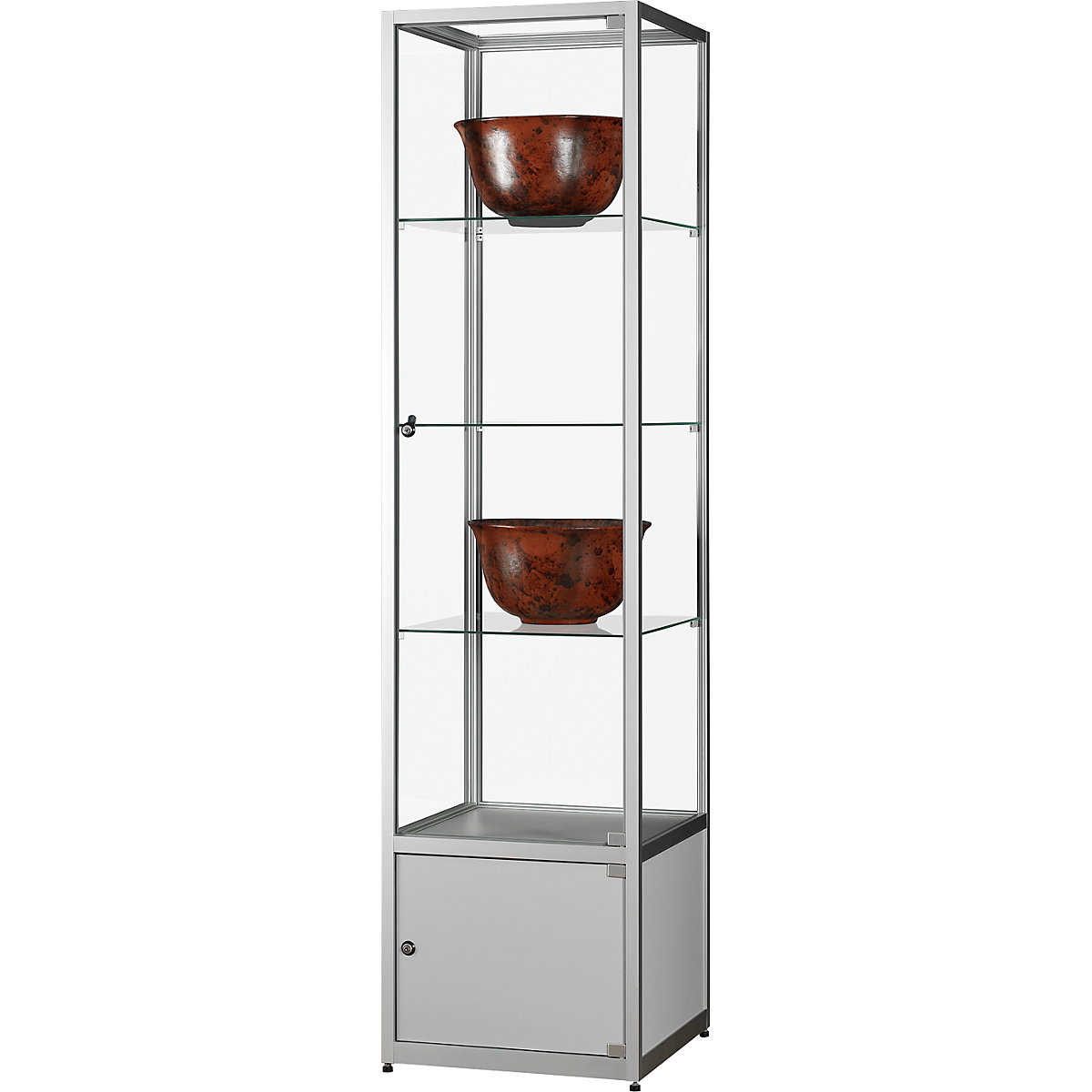 Vitrine, altura 1984 mm, sem iluminação, LxP 500 x 500 mm, quadrado, prateado, com armário inferior-0