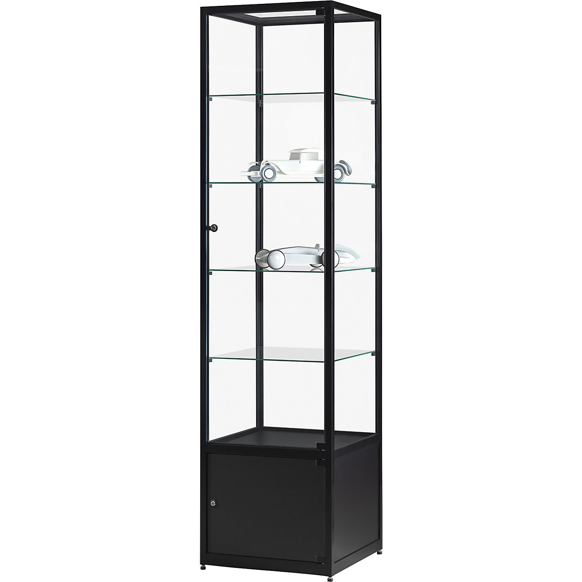 Vitrine, altura 1984 mm, sem iluminação, LxP 500 x 500 mm, quadrado, preto, com armário inferior-0