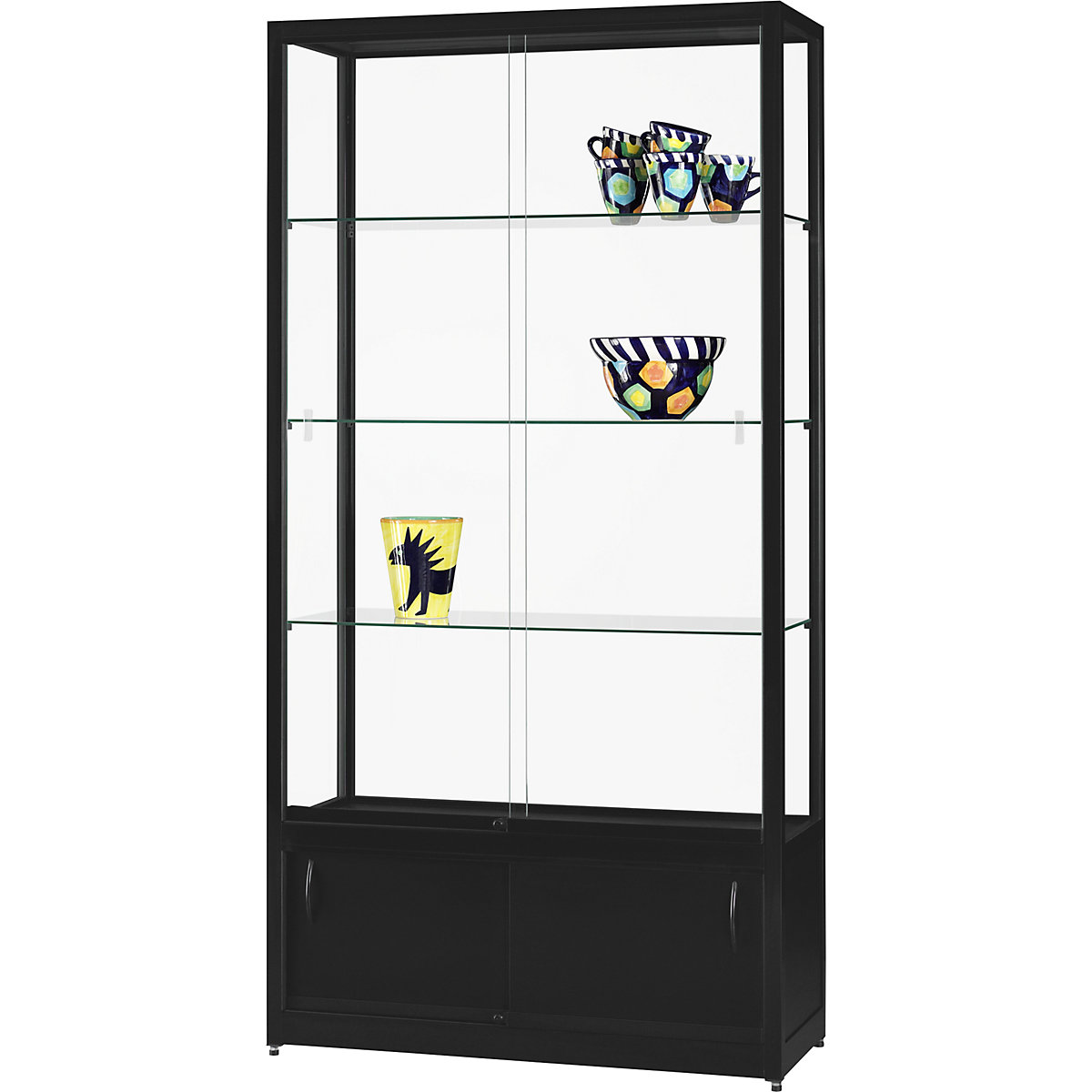 Vitrine, largura 1000 mm, sem iluminação, AxP 1972 x 400 mm, com armário inferior, preto-0