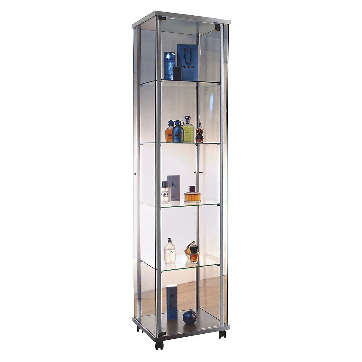 Vitrine para apresentações, 1 porta de aba giratória, 4 pés de decoração-0