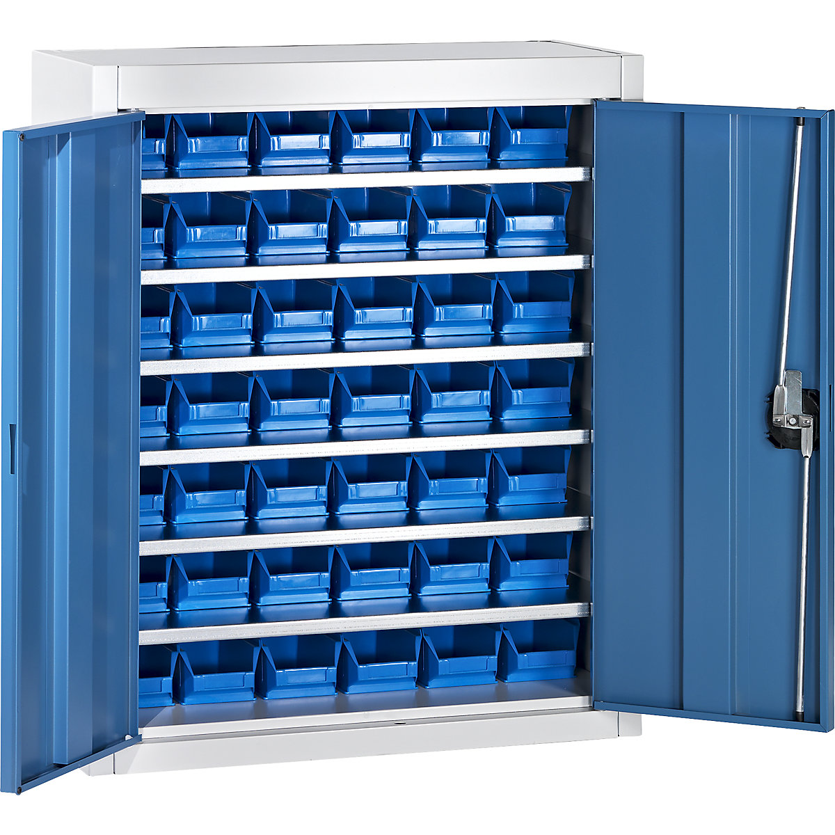 Armário de armazém com caixas de armazenagem à vista – mauser, AxLxP 820 x 680 x 280 mm, duas cores, corpo em cinzento, portas em azul, 42 caixas-0