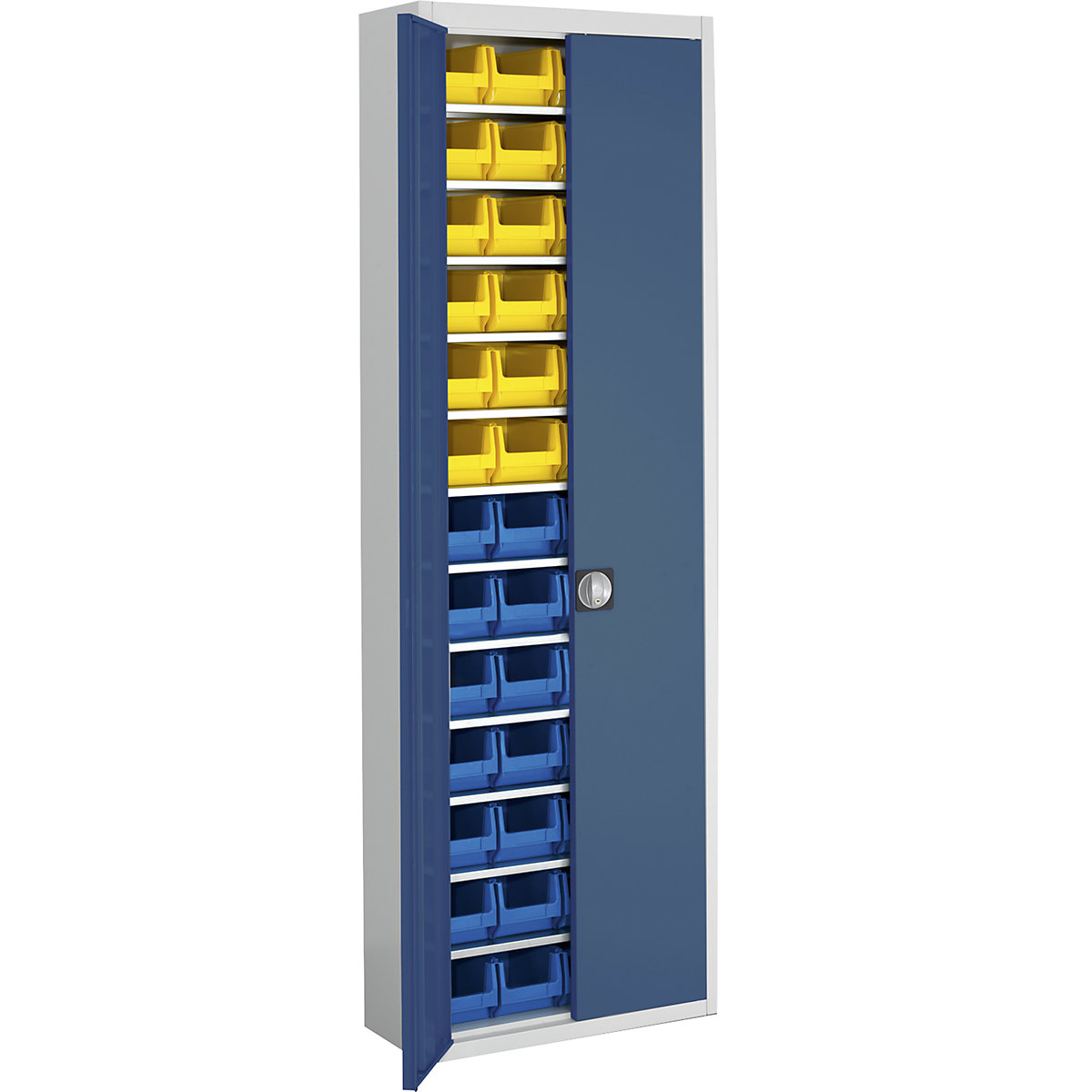 Armário de armazém com caixas de armazenagem à vista – mauser, AxLxP 2150 x 680 x 280 mm, duas cores, corpo em cinzento, portas em azul, 52 caixas-0
