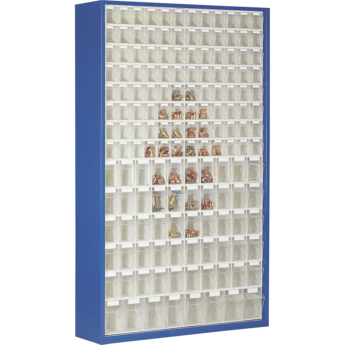 Armário de armazém em chapa de aço, com 154 caixas articuladas transparentes, azul genciana-0