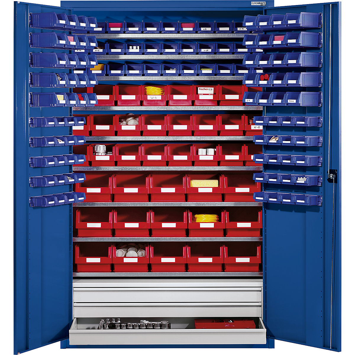 Armário de grandes capacidades em chapa de aço – eurokraft pro, com 9 prateleiras e 152 caixas de armazenagem à vista e 3 gavetas, cor do corpo e portas em azul genciana-0