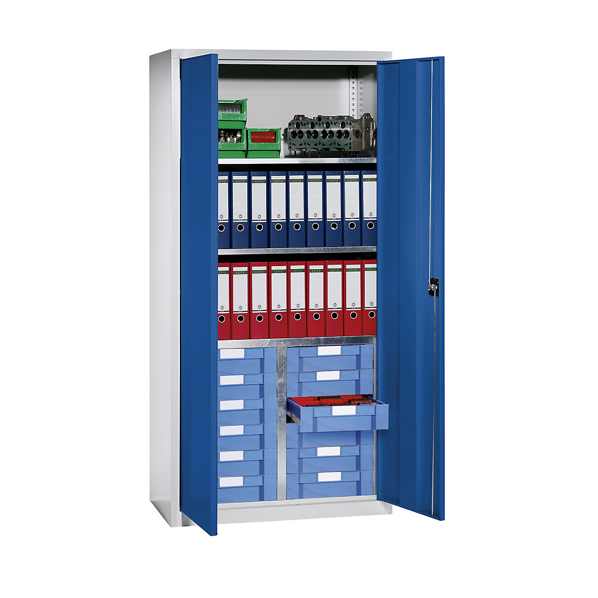Armário de material e gavetas – eurokraft pro, 3 prateleiras, 12 gavetas, cinzento claro RAL 7035 / azul genciana RAL 5010-0