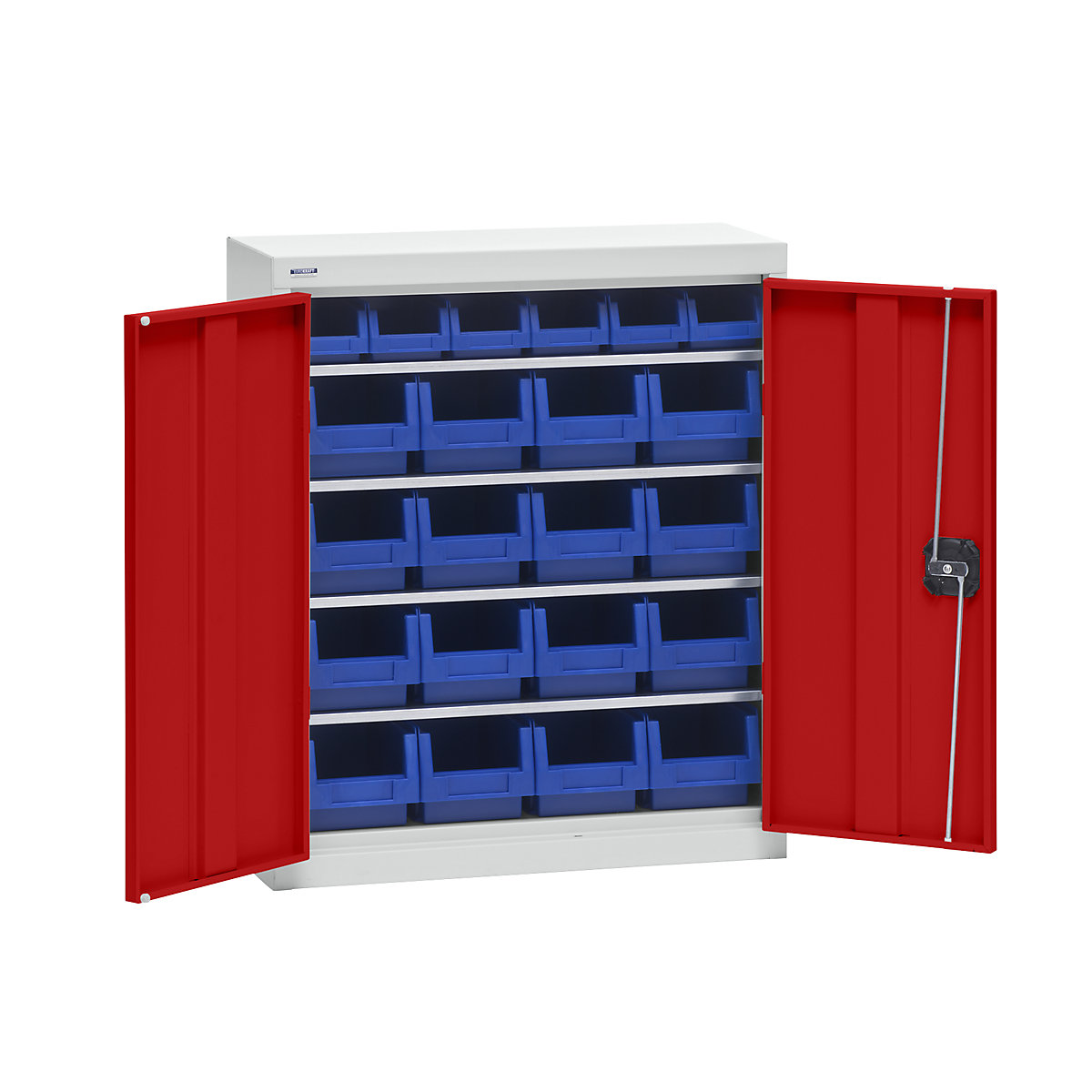 Armário para materiais com caixas de armazenagem – eurokraft pro, altura 780 mm, 4 prateleiras, cinzento claro / vermelho trânsito-0