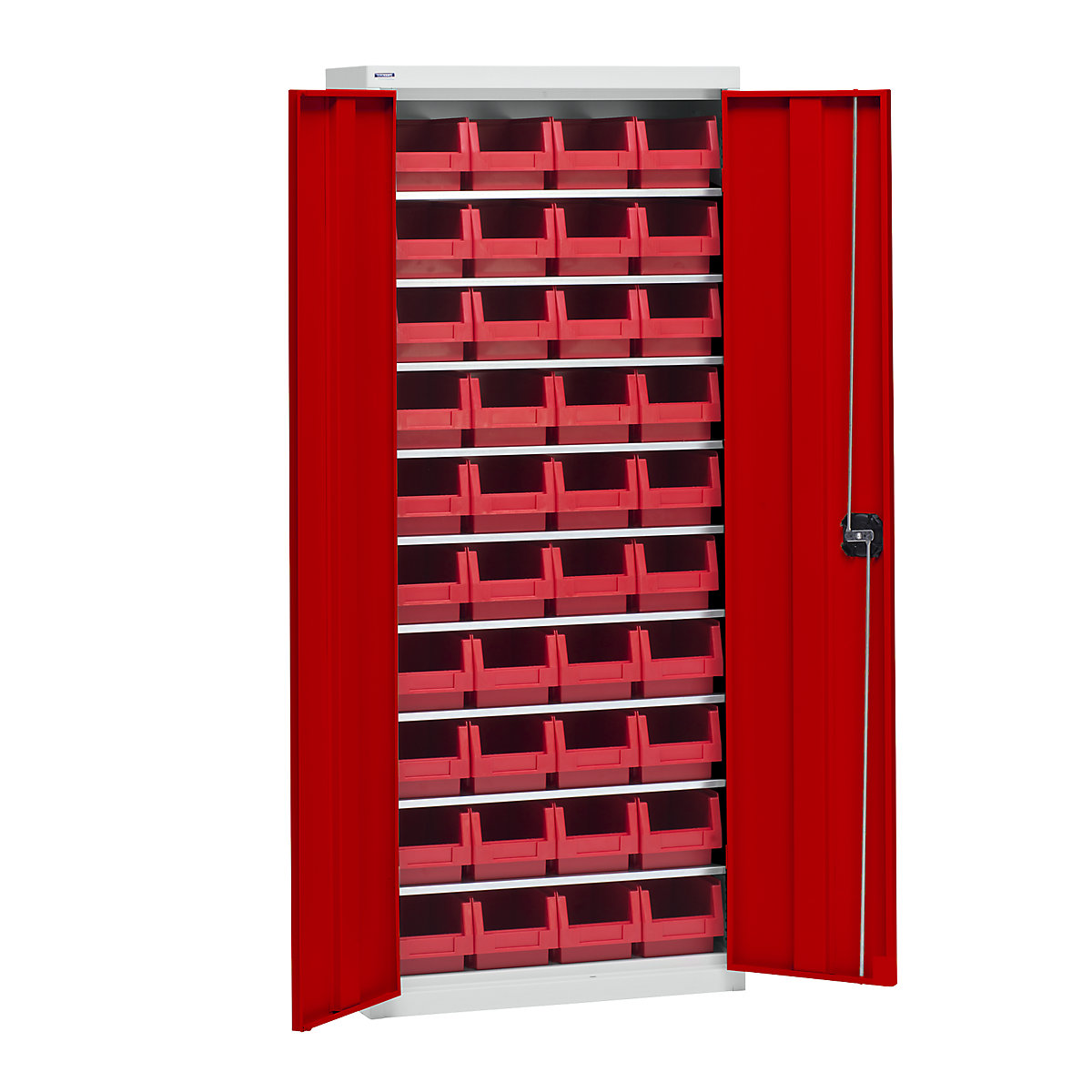 Armário para materiais com caixas de armazenagem – eurokraft pro, altura 1575 mm, 9 prateleiras, cinzento claro / vermelho trânsito-0