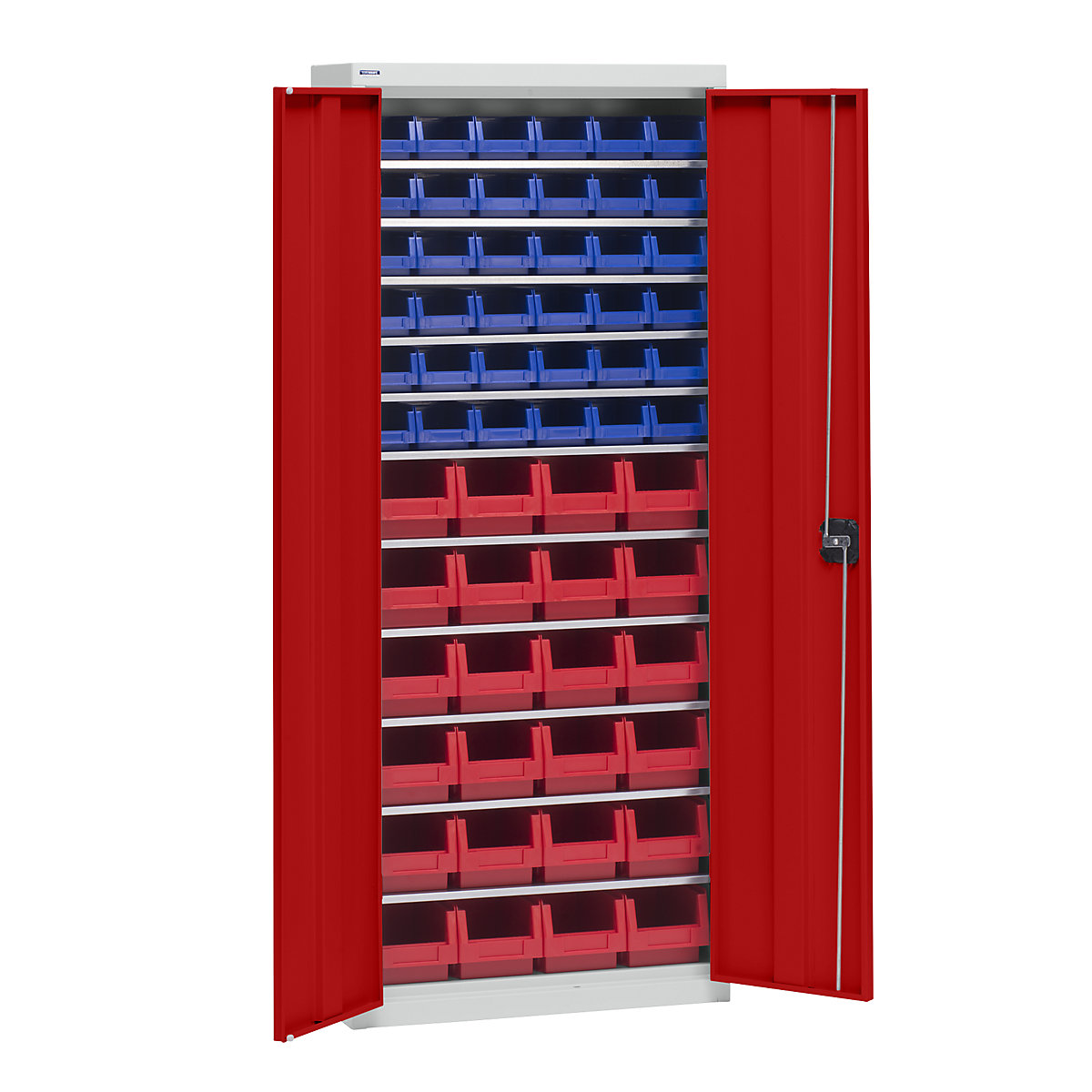 Armário para materiais com caixas de armazenagem – eurokraft pro, altura 1575 mm, 11 prateleiras, cinzento claro / vermelho trânsito-0