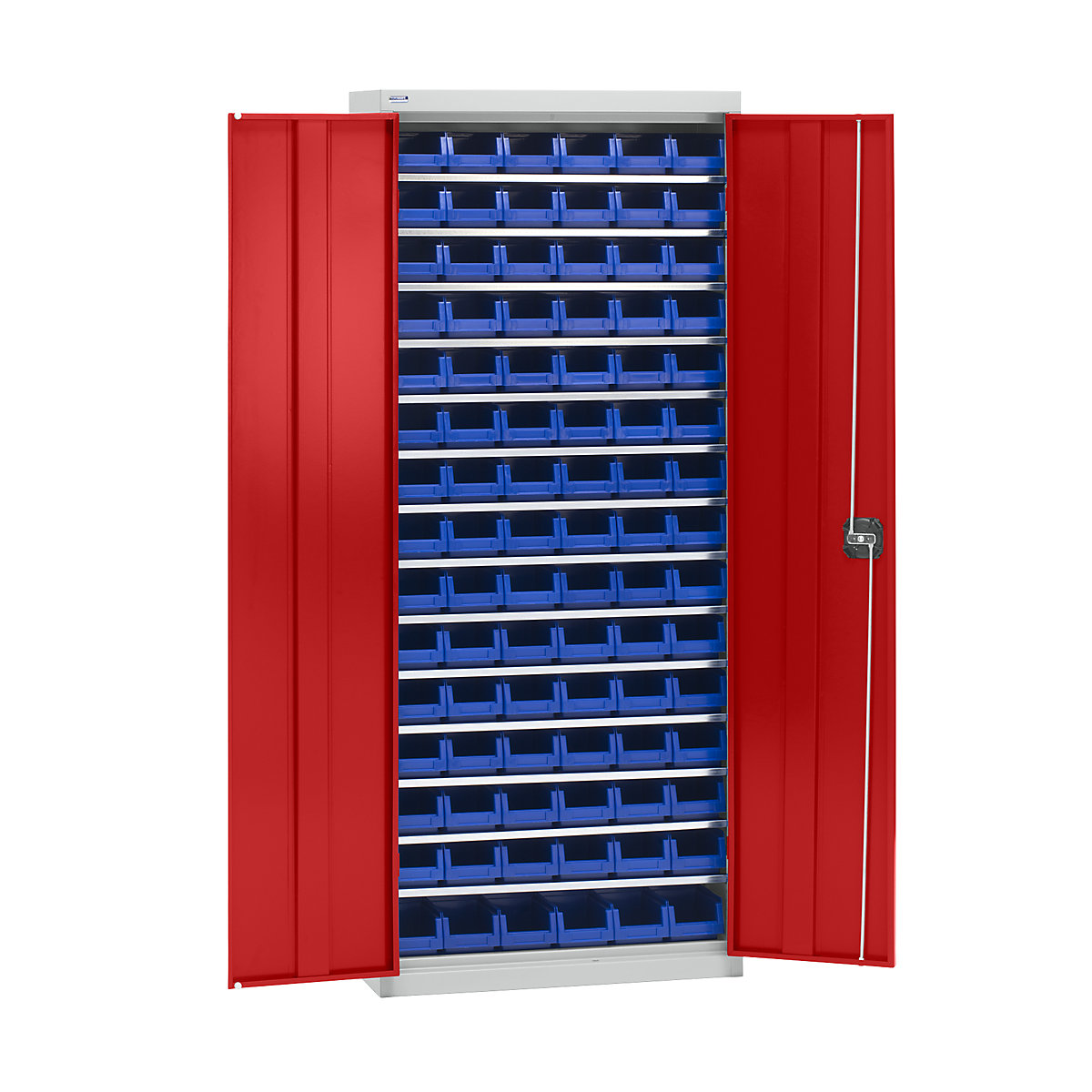 Armário para materiais com caixas de armazenagem – eurokraft pro, altura 1575 mm, 14 prateleiras, cinzento claro / vermelho trânsito-0