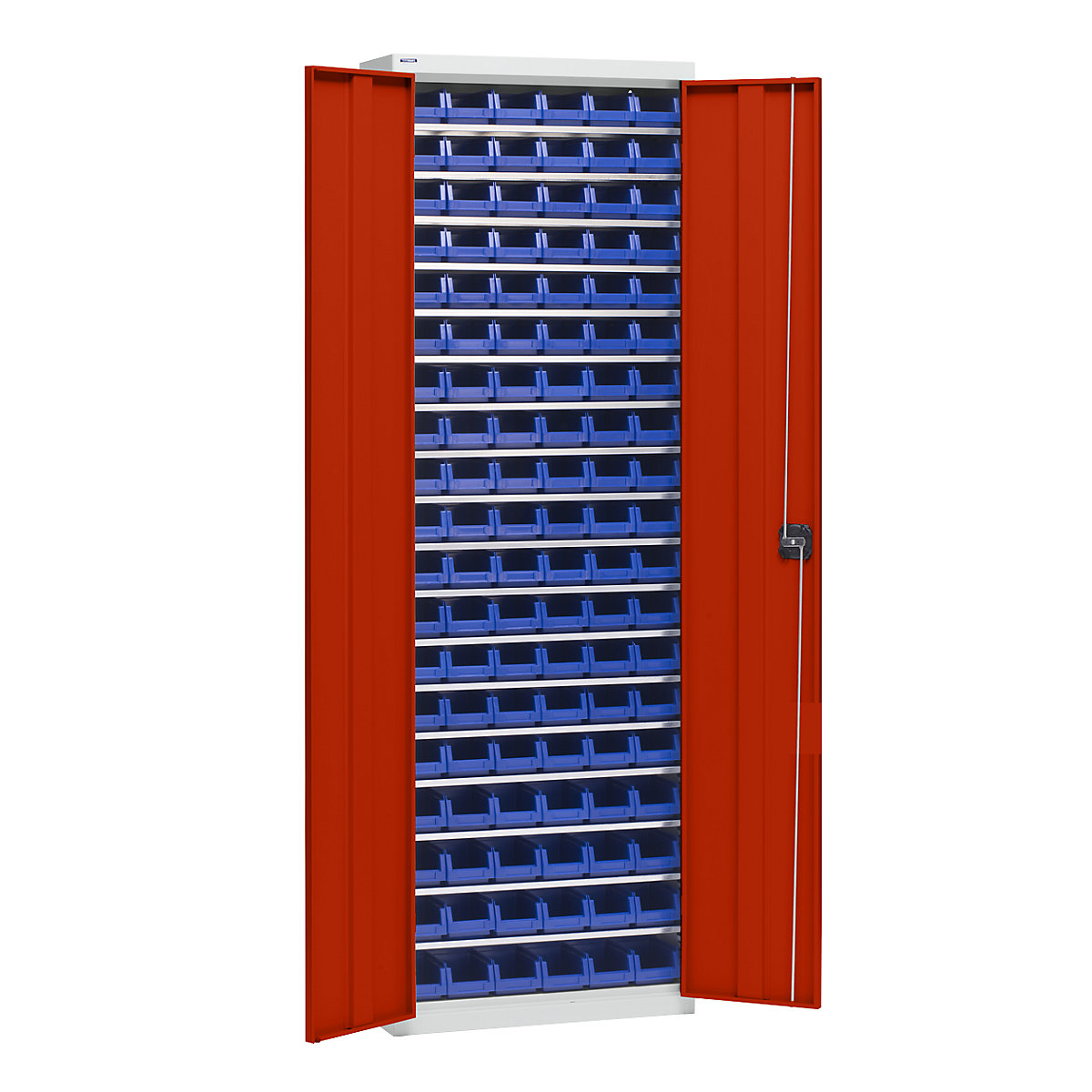 Armário para materiais com caixas de armazenagem – eurokraft pro, altura 2000 mm, 18 prateleiras, cinzento claro / vermelho trânsito-0