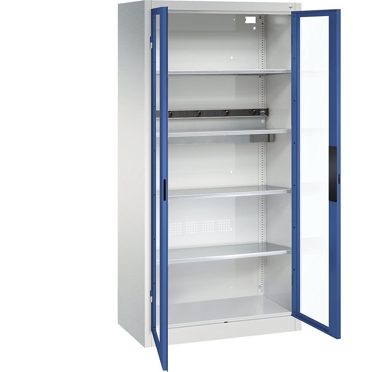 Armário de carregamento BASIC – C+P, com portas com janelas de visualização, cinzento claro/azul genciana-0