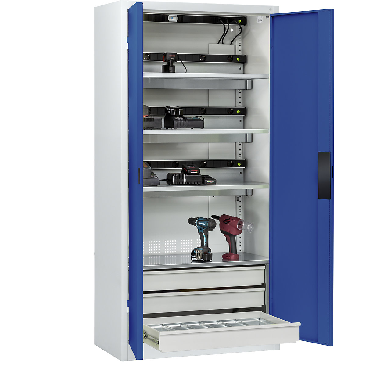 Armário de carregamento de baterias COMFORT – C+P, com portas de chapa maciça, 3 gavetas, cinzento claro/azul genciana-0