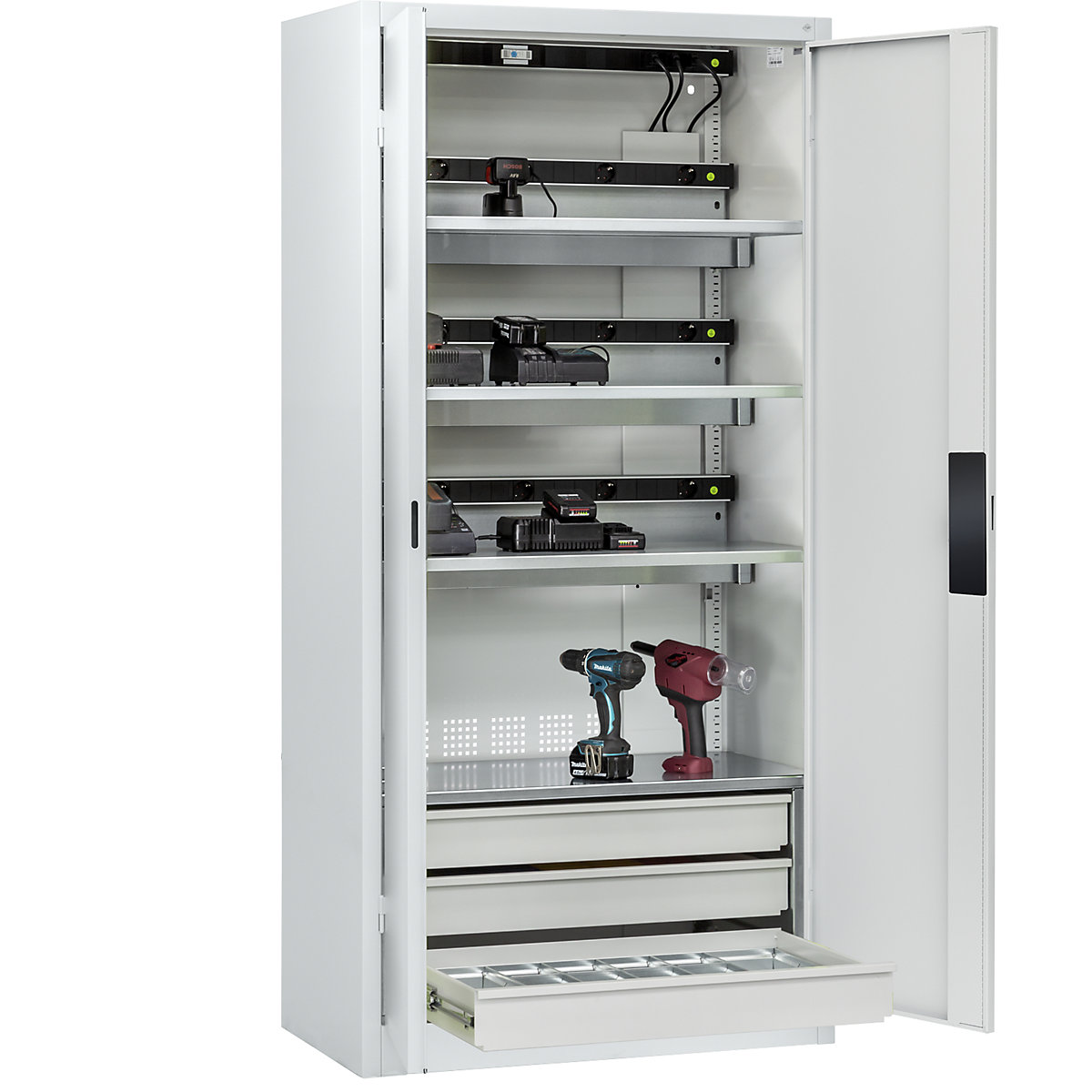 Armário de carregamento de baterias COMFORT – C+P, com portas de chapa maciça, 3 gavetas, cinzento claro-0