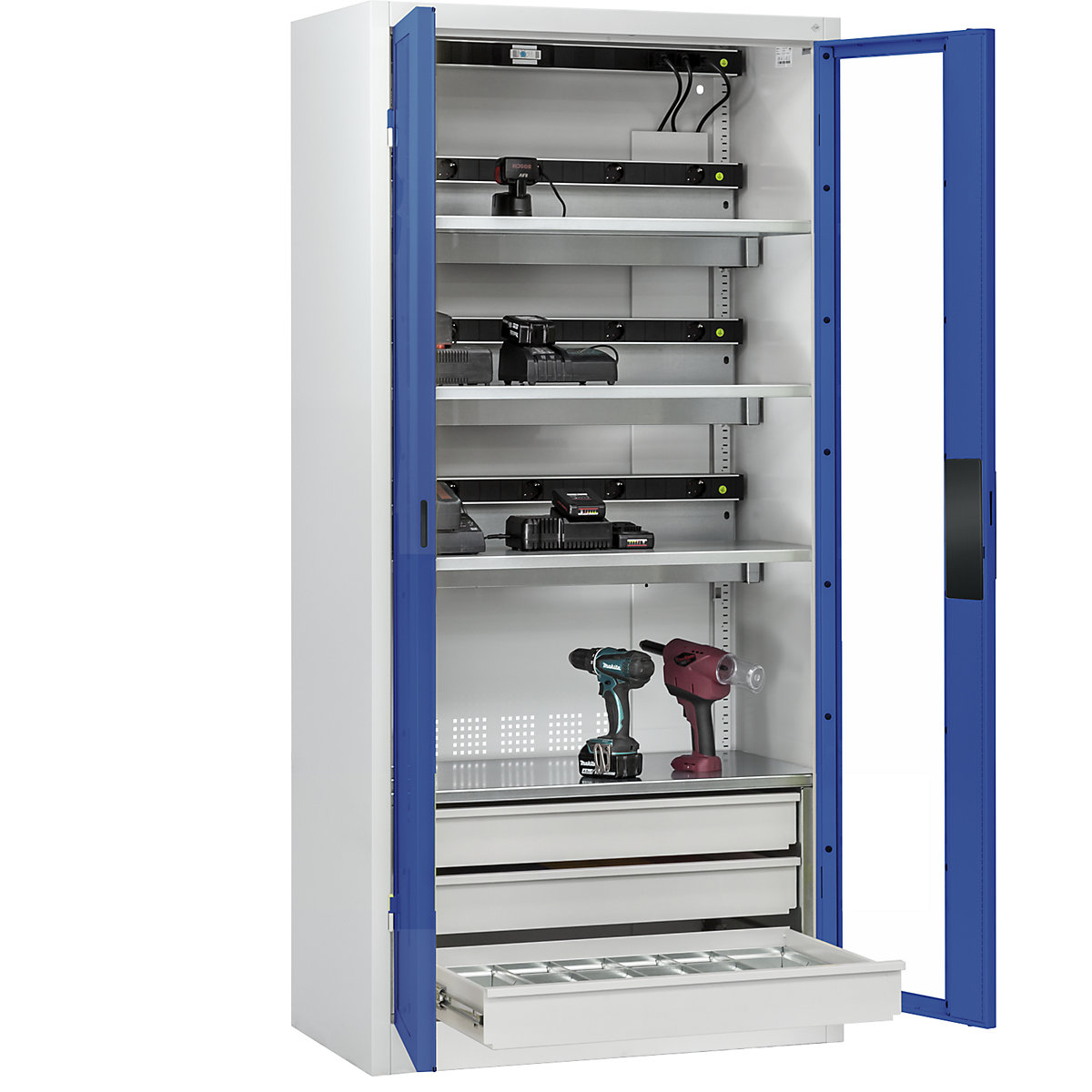 Armário de carregamento de baterias COMFORT – C+P, com portas com janelas de visualização, 3 gavetas, cinzento claro/azul genciana-0