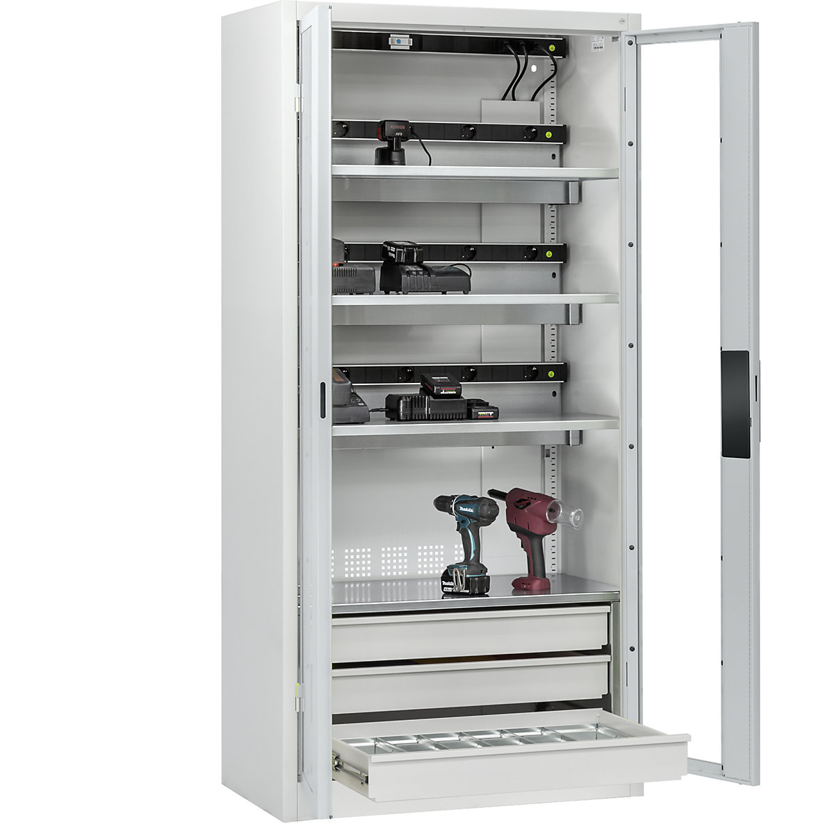Armário de carregamento de baterias COMFORT – C+P, com portas com janelas de visualização, 3 gavetas, cinzento claro-0