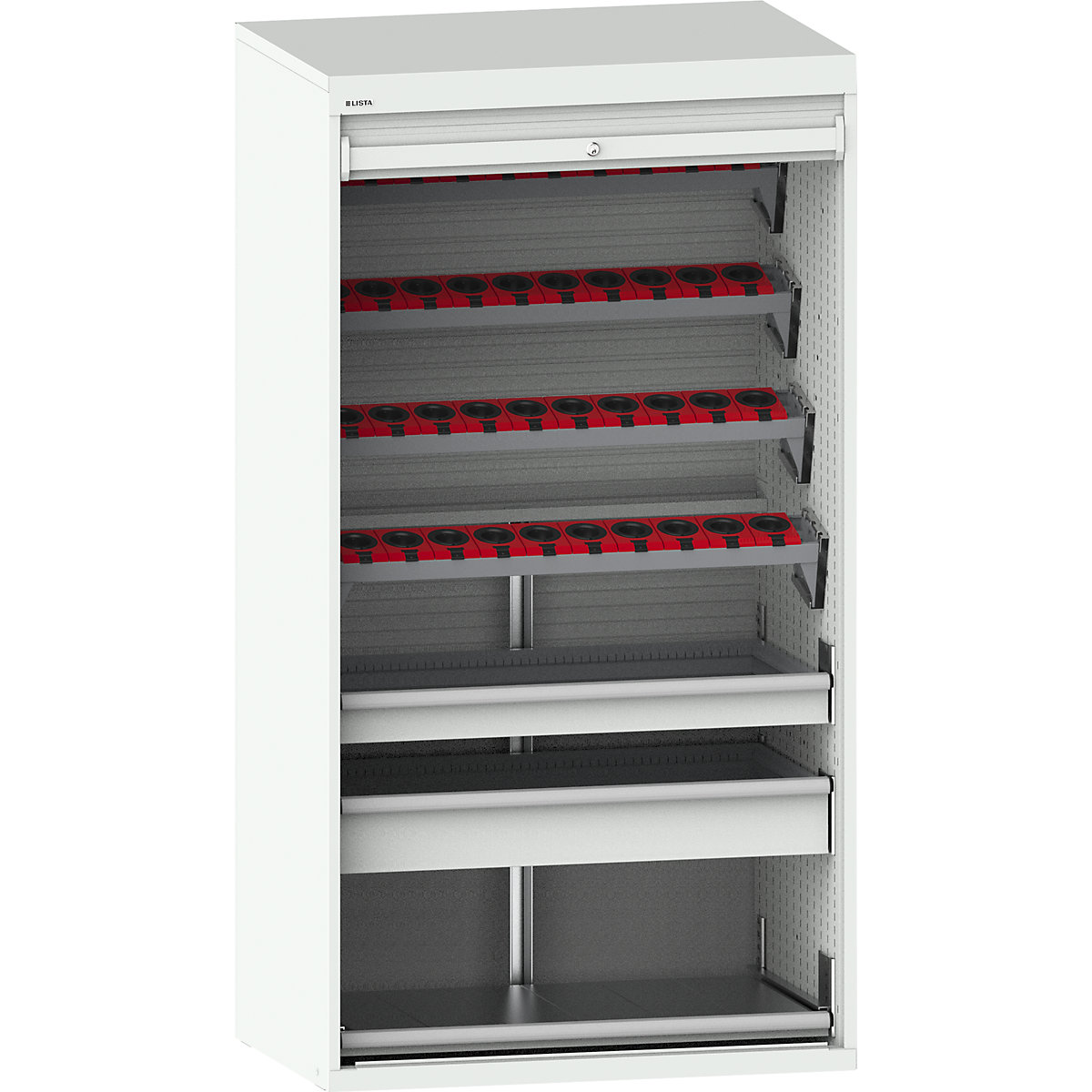Armário CNC com persiana – LISTA, 7 níveis, 40 suportes HSK 63 A+C+E/80 B+D, cinzento claro RAL 7035-0