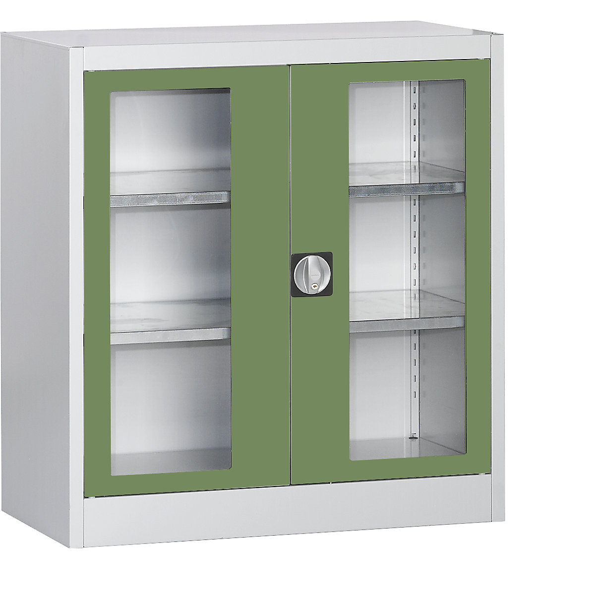 Armário com portas de batente e janela de visualização – mauser, com 2 prateleiras, AxLxP 1016 x 950 x 500 mm, cinzento claro/verde reseda-0
