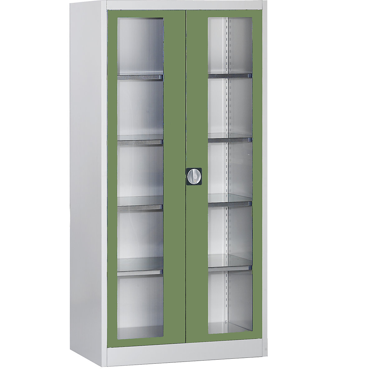 Armário com portas de batente e janela de visualização – mauser, com 4 prateleiras, AxL 1950 x 950 mm, profundidade 420 mm, cinzento claro/verde reseda-0